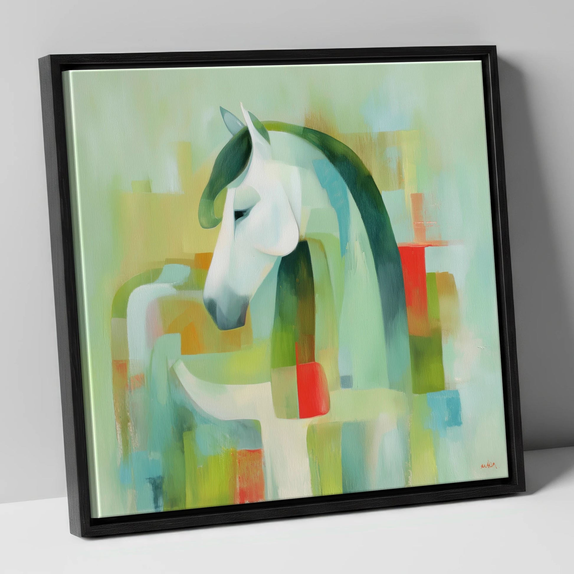 Modernist Mint Profile horse breed canvas wall art in black frame