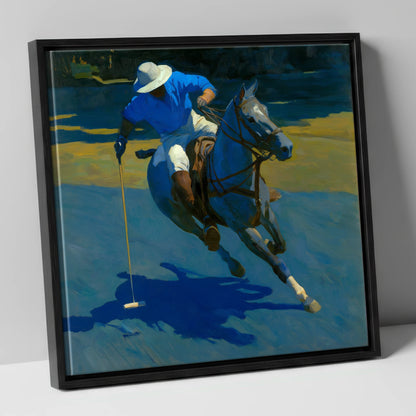 Sunlit Polo Run polo horse canvas wall art in black frame
