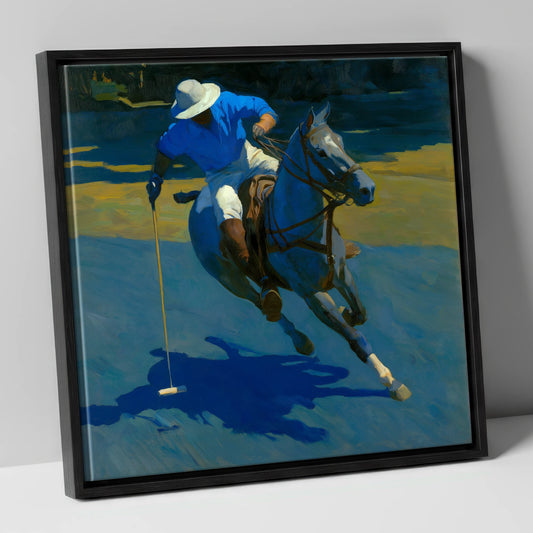 Sunlit Polo Run polo horse canvas wall art in black frame