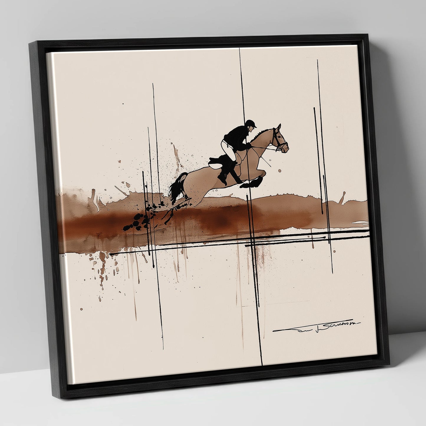 Dynamic Trajectory show jumping horse canvas wall art in black frame