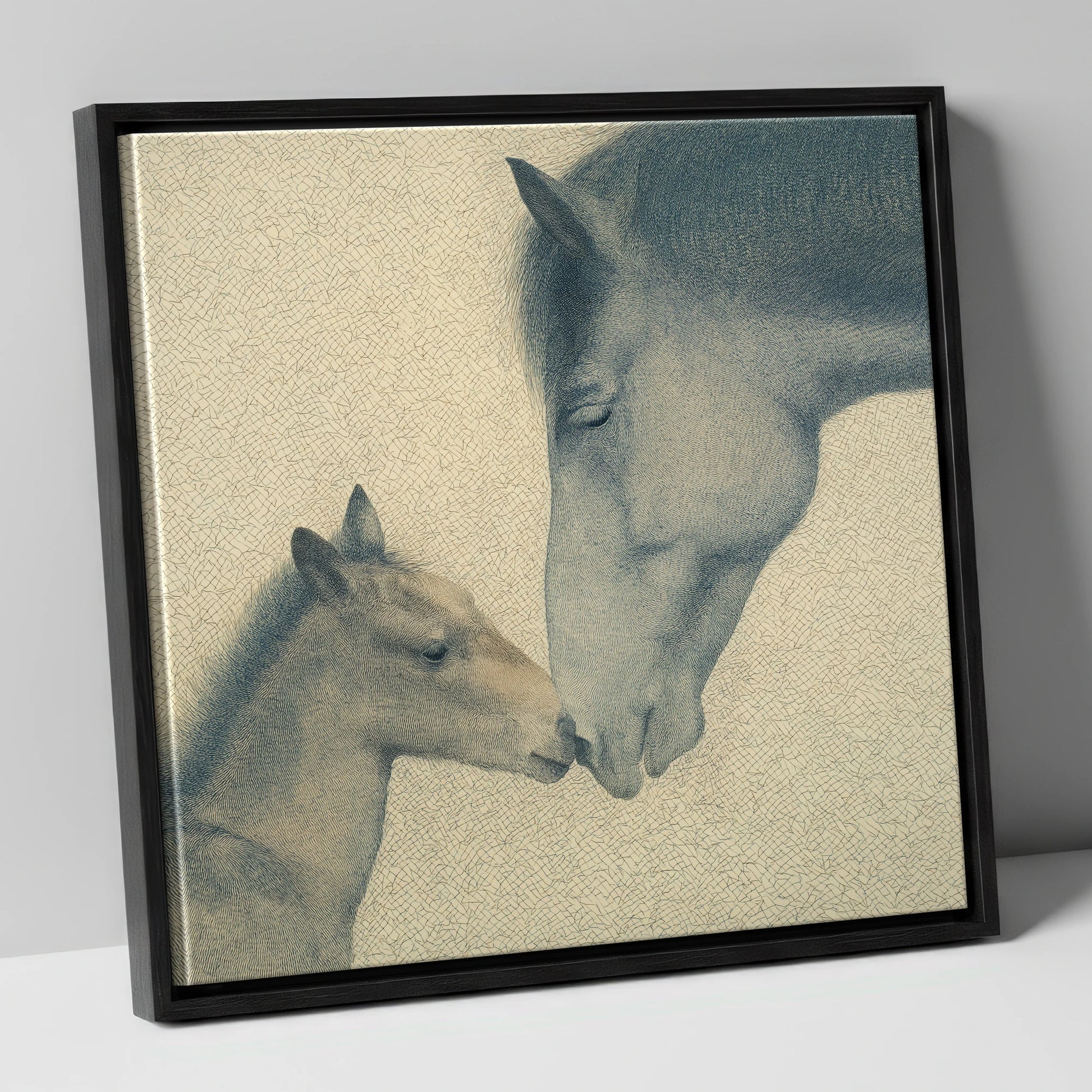 Quiet Devotion mare & foal canvas wall art in black frame