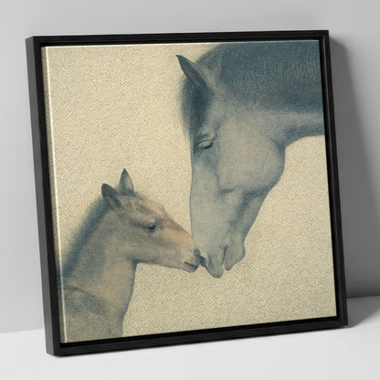 Quiet Devotion mare & foal canvas wall art in black frame