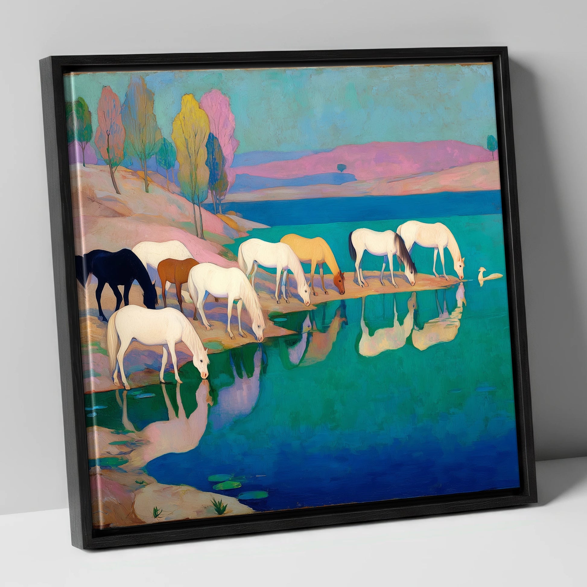 Reflections at Turquoise Waters wild horses canvas wall art in black frame