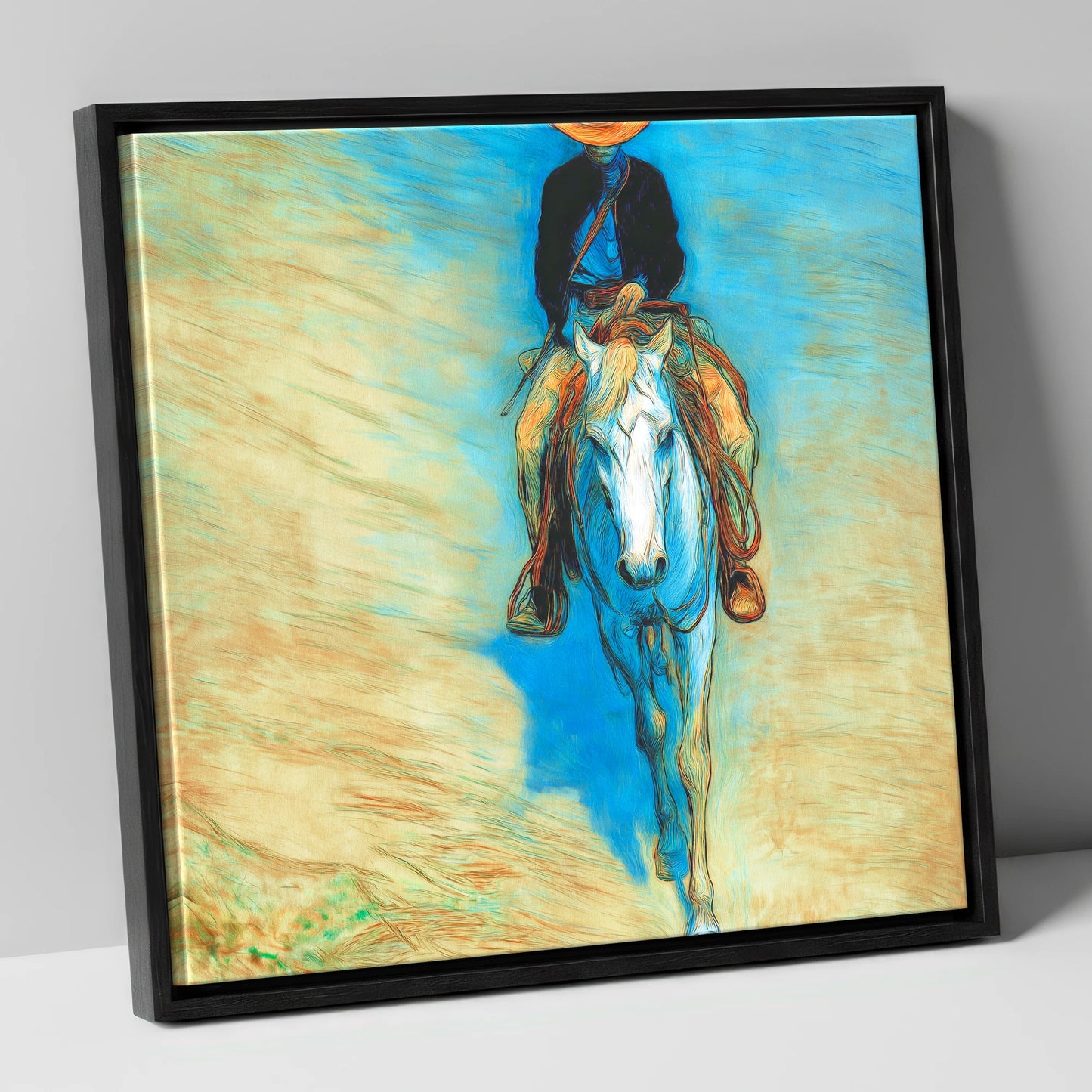 The Blue Trail Rider western horse canvas wall art in black frame