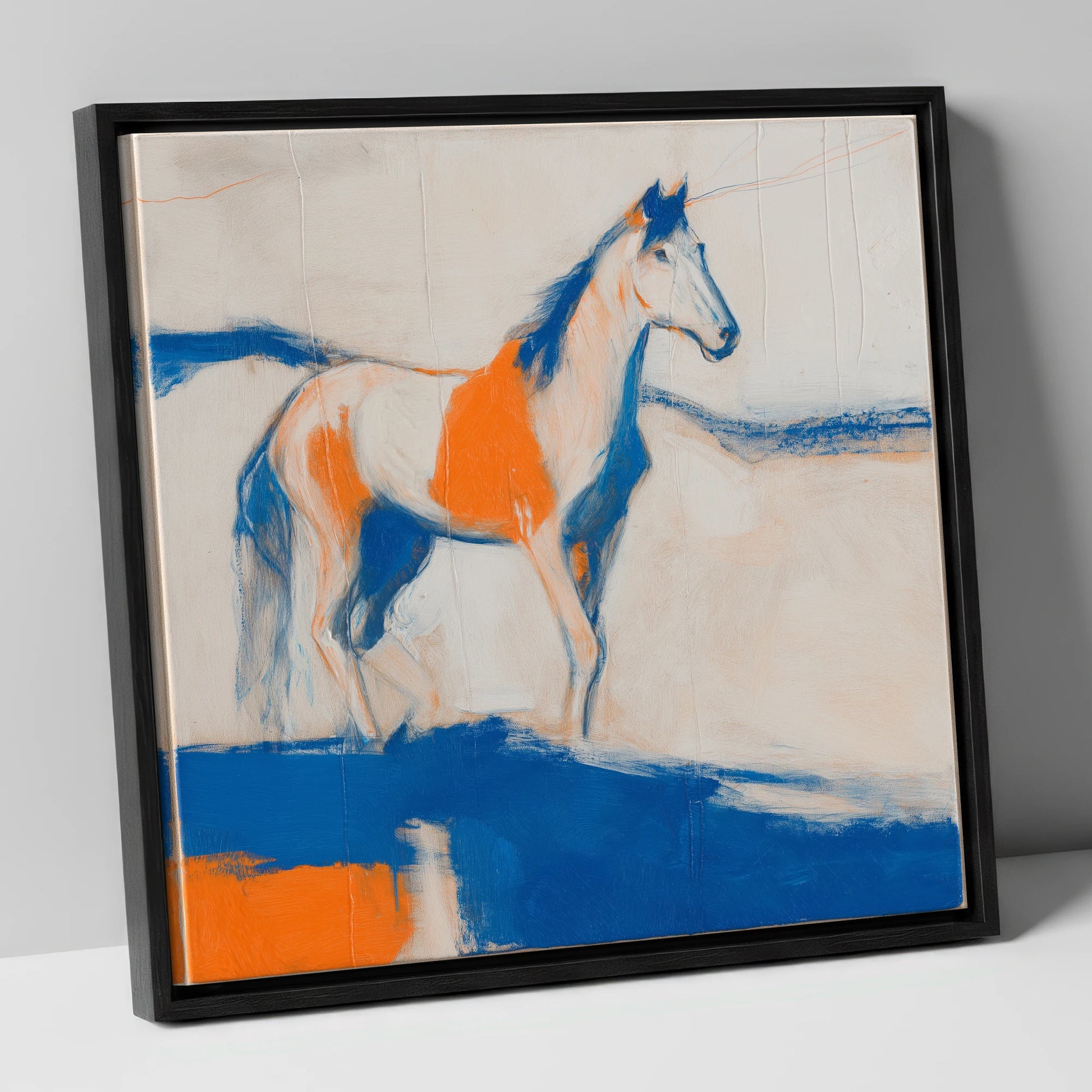 Ultramarine and Orange Profile horse portrait canvas wall art in black frame