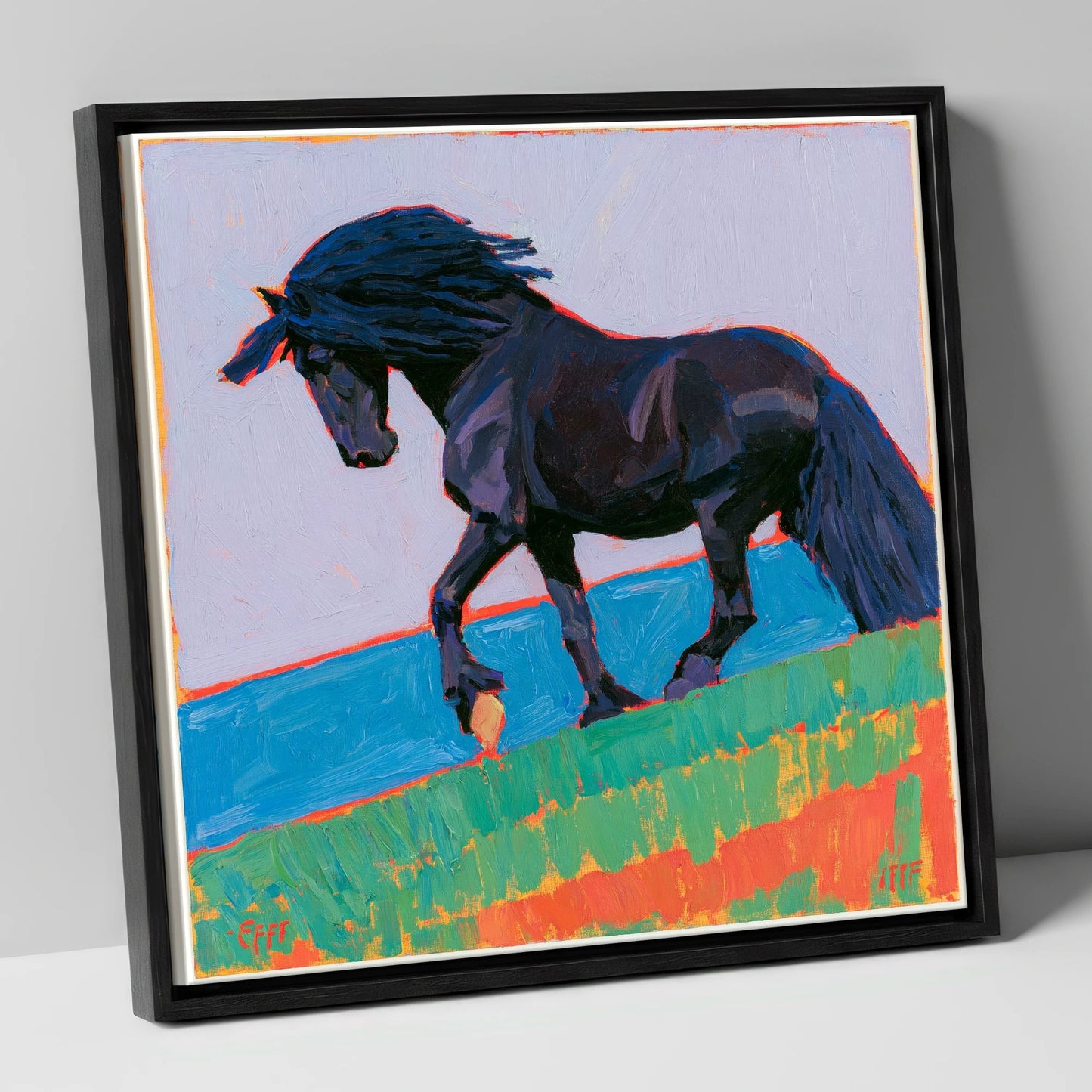 Black Friesian in Bold Landscape horse breed canvas wall art in black frame