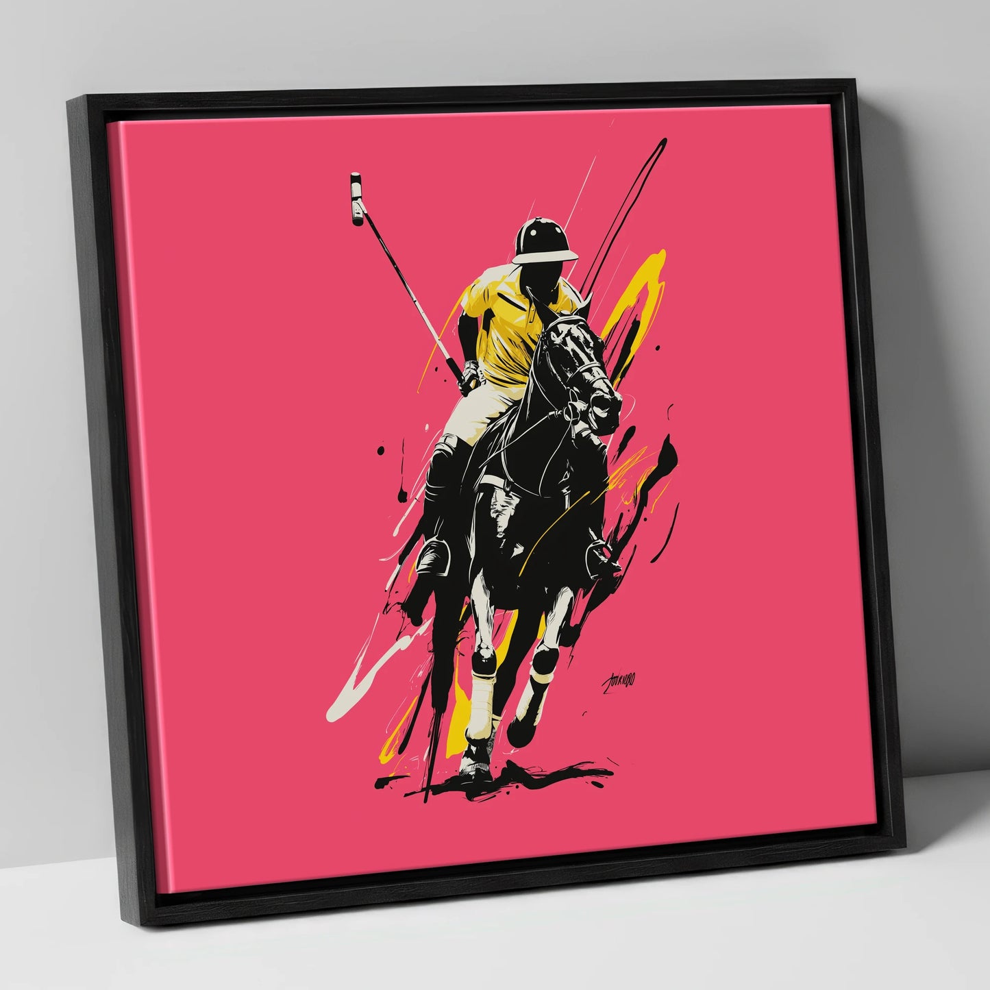Velocity in Magenta polo horse canvas wall art in black frame