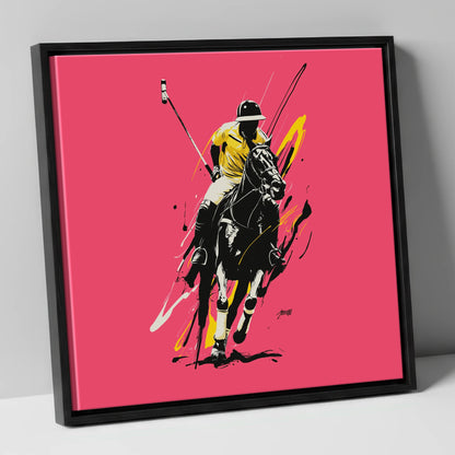 Velocity in Magenta polo horse canvas wall art in black frame