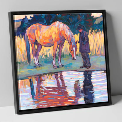 Quiet Reflections horse & rider canvas wall art in black frame
