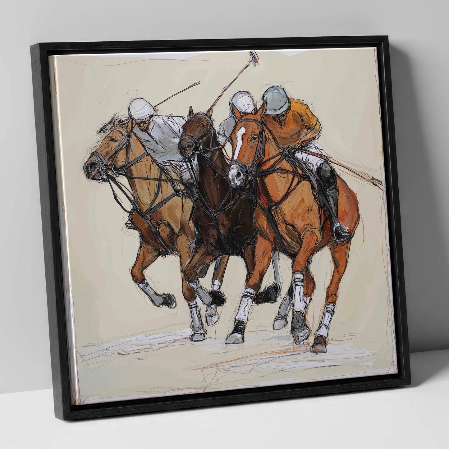 The Midfield Charge polo horse canvas wall art in black frame