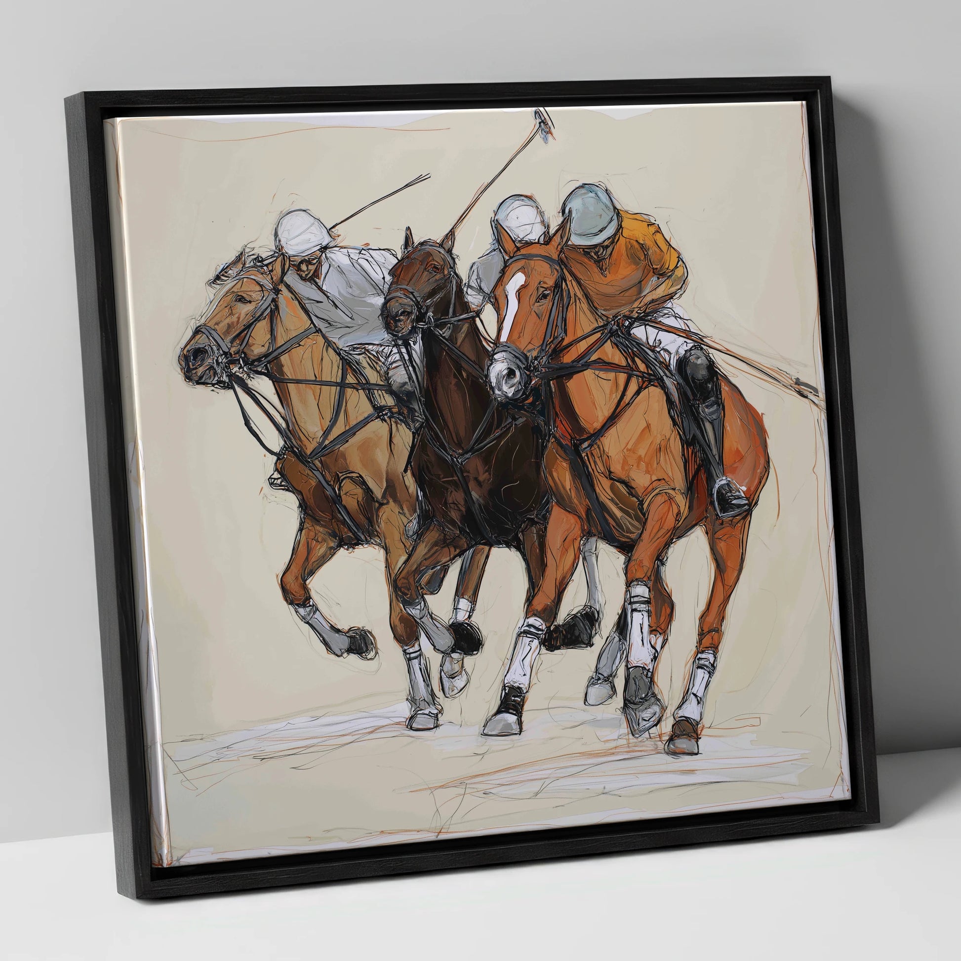 The Midfield Charge polo horse canvas wall art in black frame