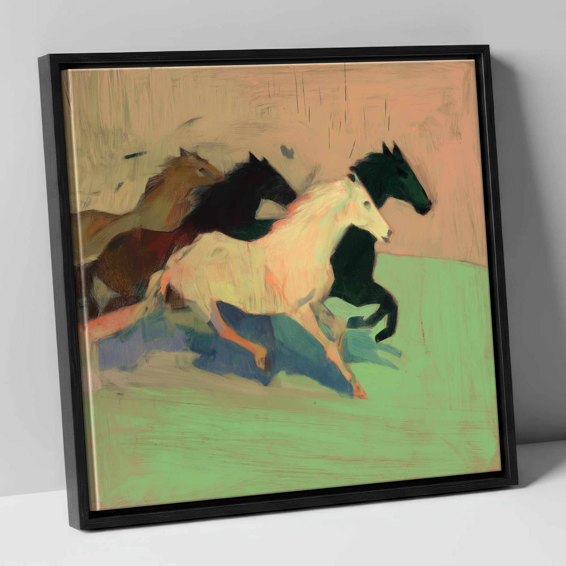 Ethereal Gallop wild horses canvas wall art in black frame