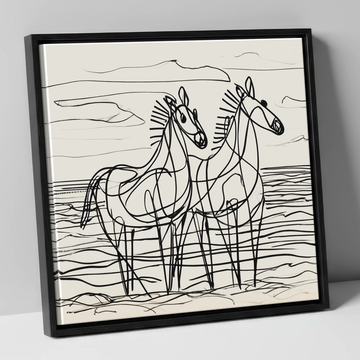 Linear Equine Companions horse landscape canvas wall art in black frame