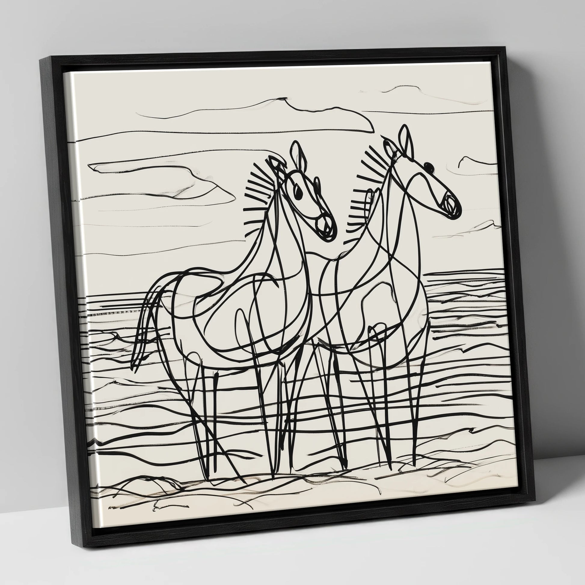 Linear Equine Companions horse landscape canvas wall art in black frame