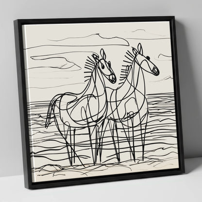 Linear Equine Companions horse landscape canvas wall art in black frame