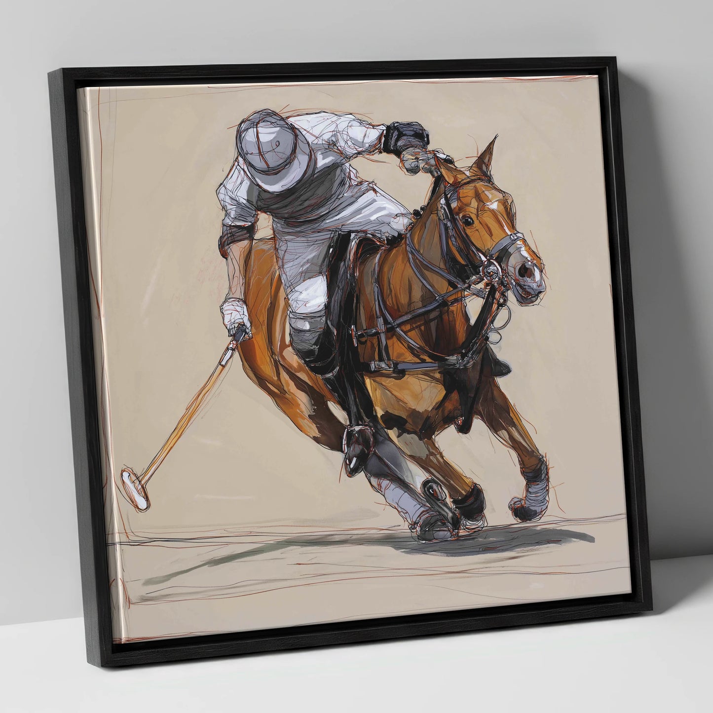 The Decisive Strike polo horse canvas wall art in black frame