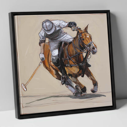 The Decisive Strike polo horse canvas wall art in black frame