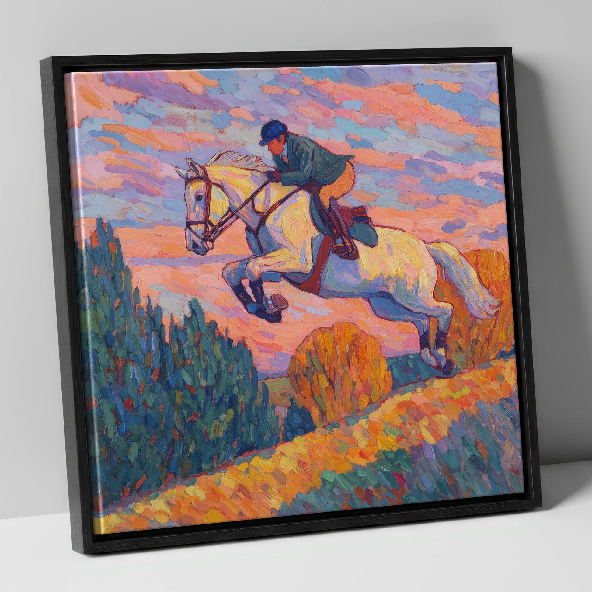 Airborne at Dusk show jumping horse canvas wall art in black frame