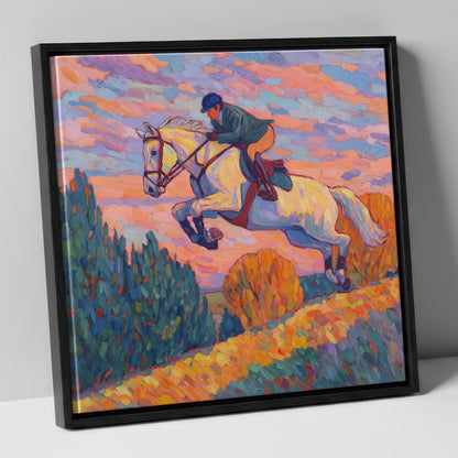 Airborne at Dusk show jumping horse canvas wall art in black frame
