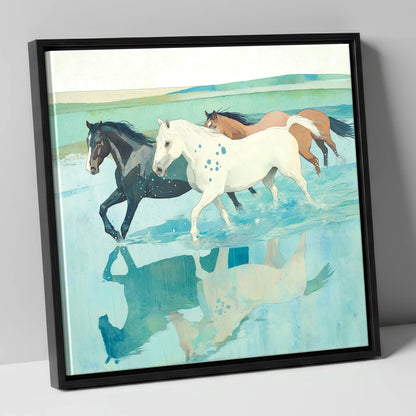 Tidal Canter wild horses canvas wall art in black frame