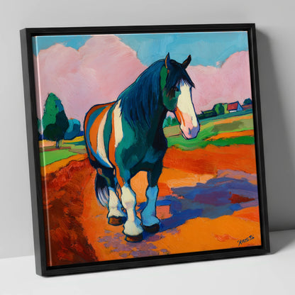 Vibrant Coloured Cob horse breed canvas wall art in black frame