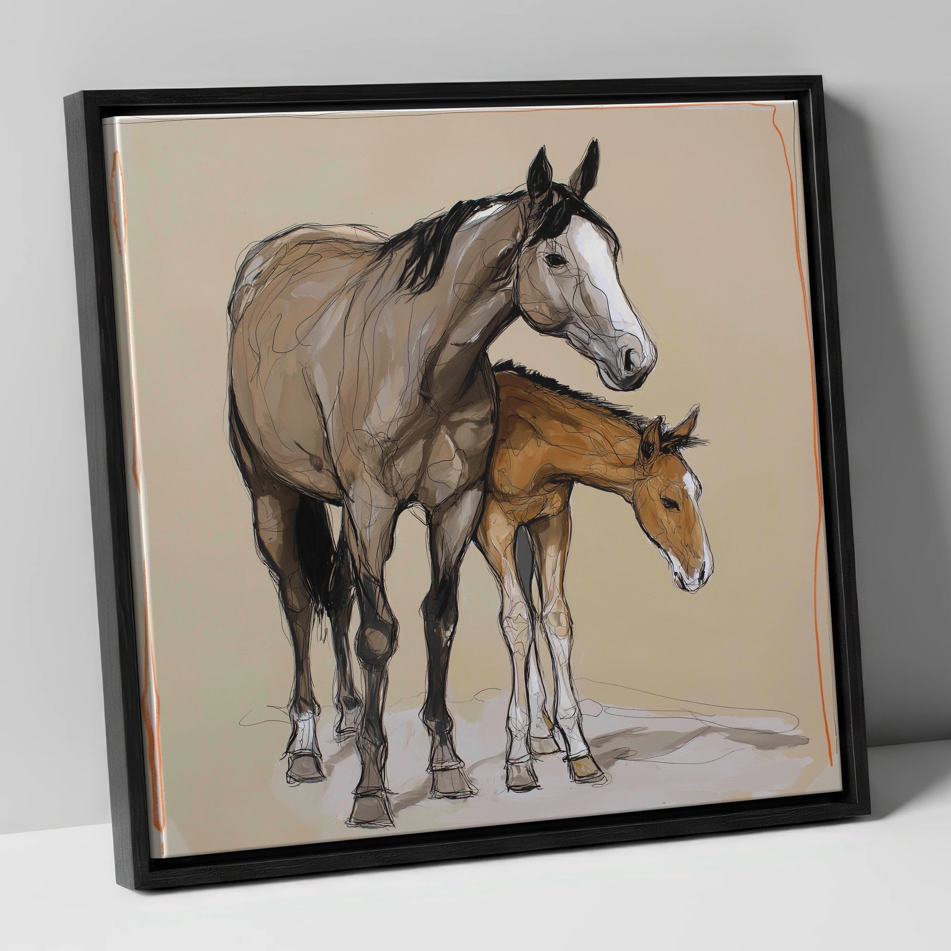 A Quiet Bond mare & foal canvas wall art in black frame