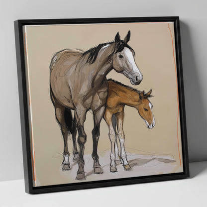 A Quiet Bond mare & foal canvas wall art in black frame