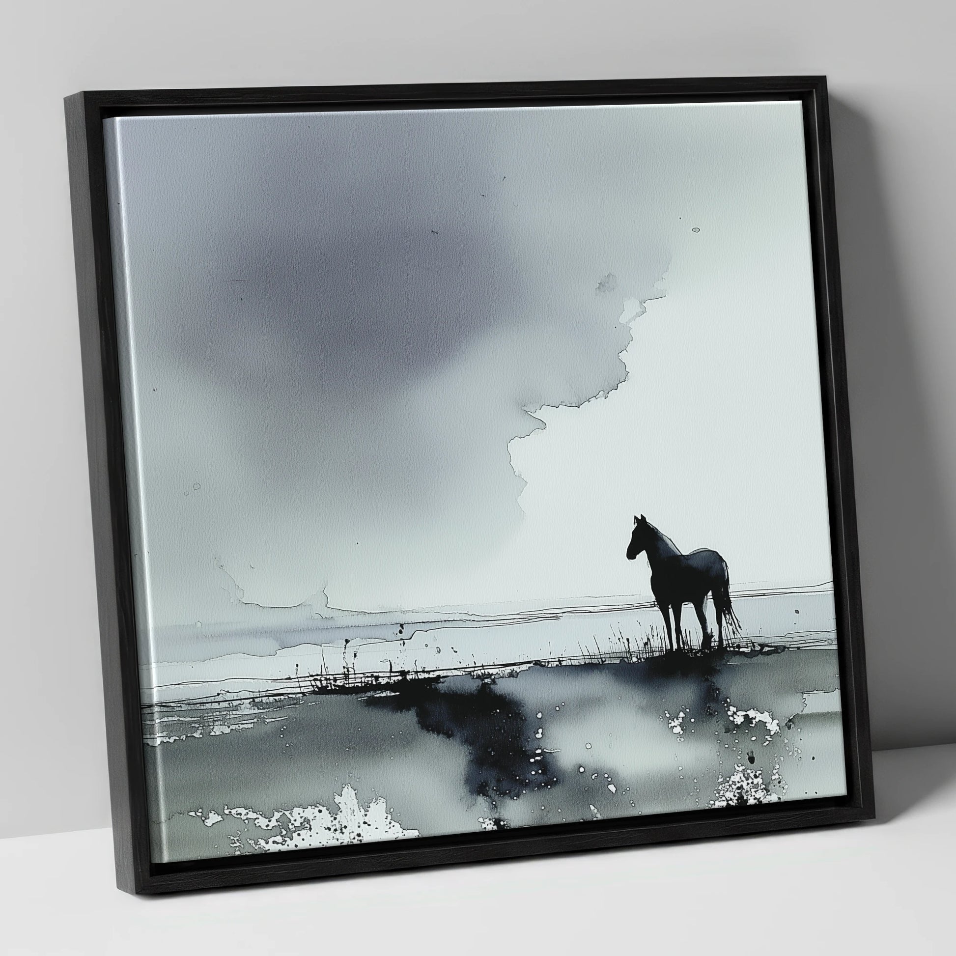 Quiet Grey Horizon horse landscape canvas wall art in black frame