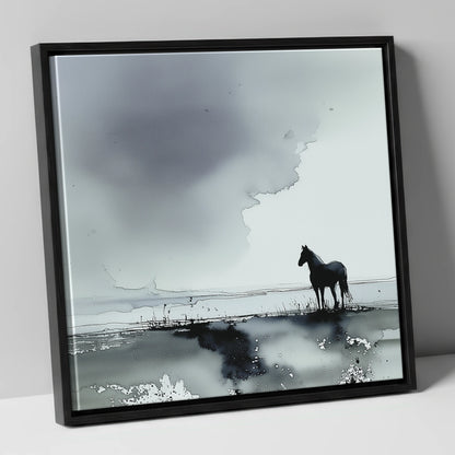 Quiet Grey Horizon horse landscape canvas wall art in black frame