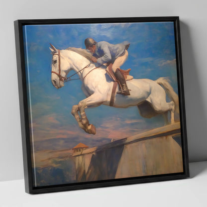 Flight Over the Wall show jumping horse canvas wall art in black frame