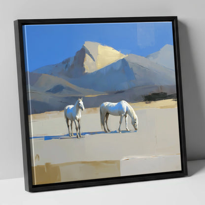 Golden Peak Greys horse landscape canvas wall art in black frame