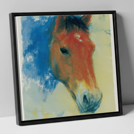Expressive Cerulean Equine Study horse portrait canvas wall art in black frame