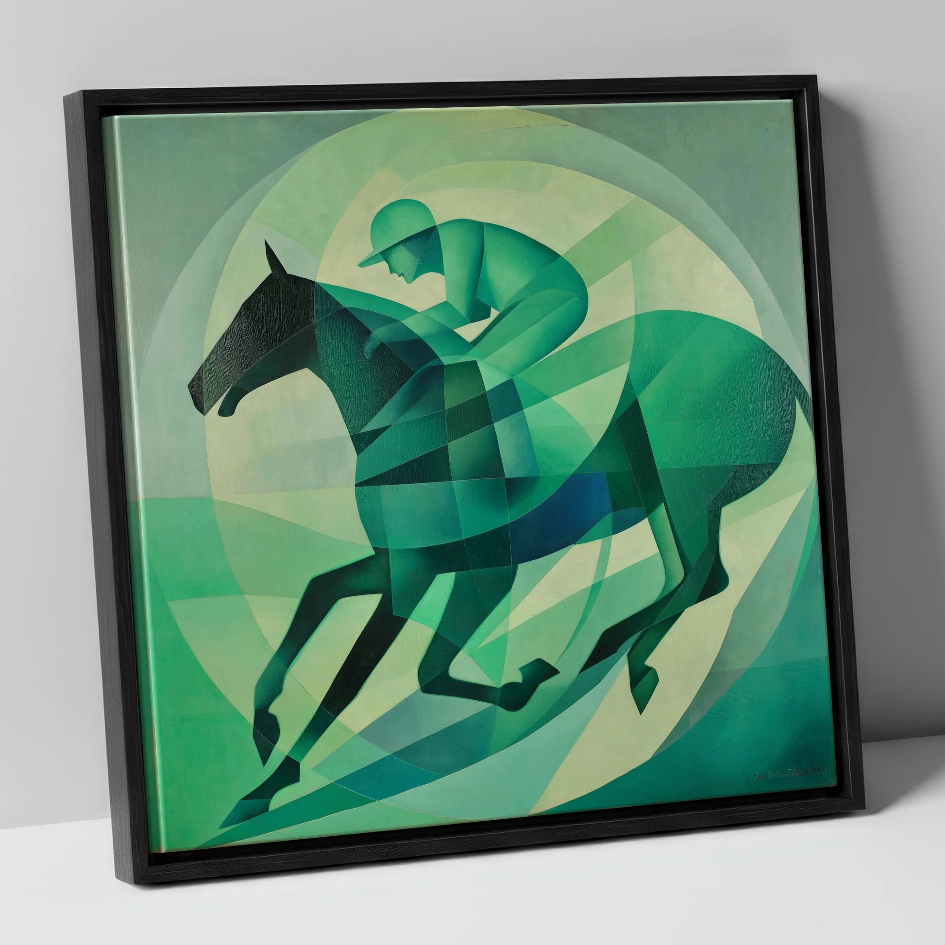 Emerald Rhythm racing horse canvas wall art in black frame