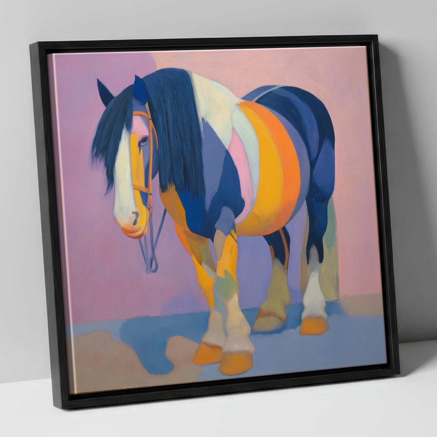 Vibrant Indigo Cob horse breed canvas wall art in black frame