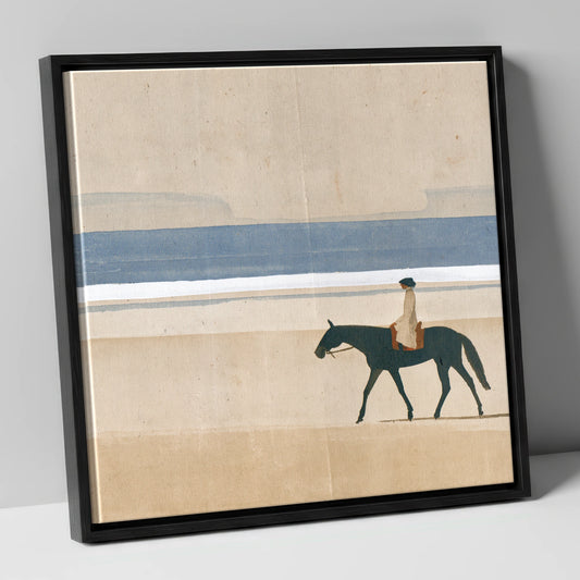 Tide Line Tranquillity beach horse canvas wall art in black frame