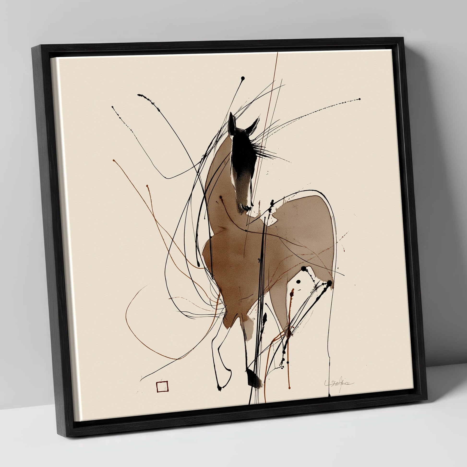 Dynamic Equine Silhouette horse portrait canvas wall art in black frame