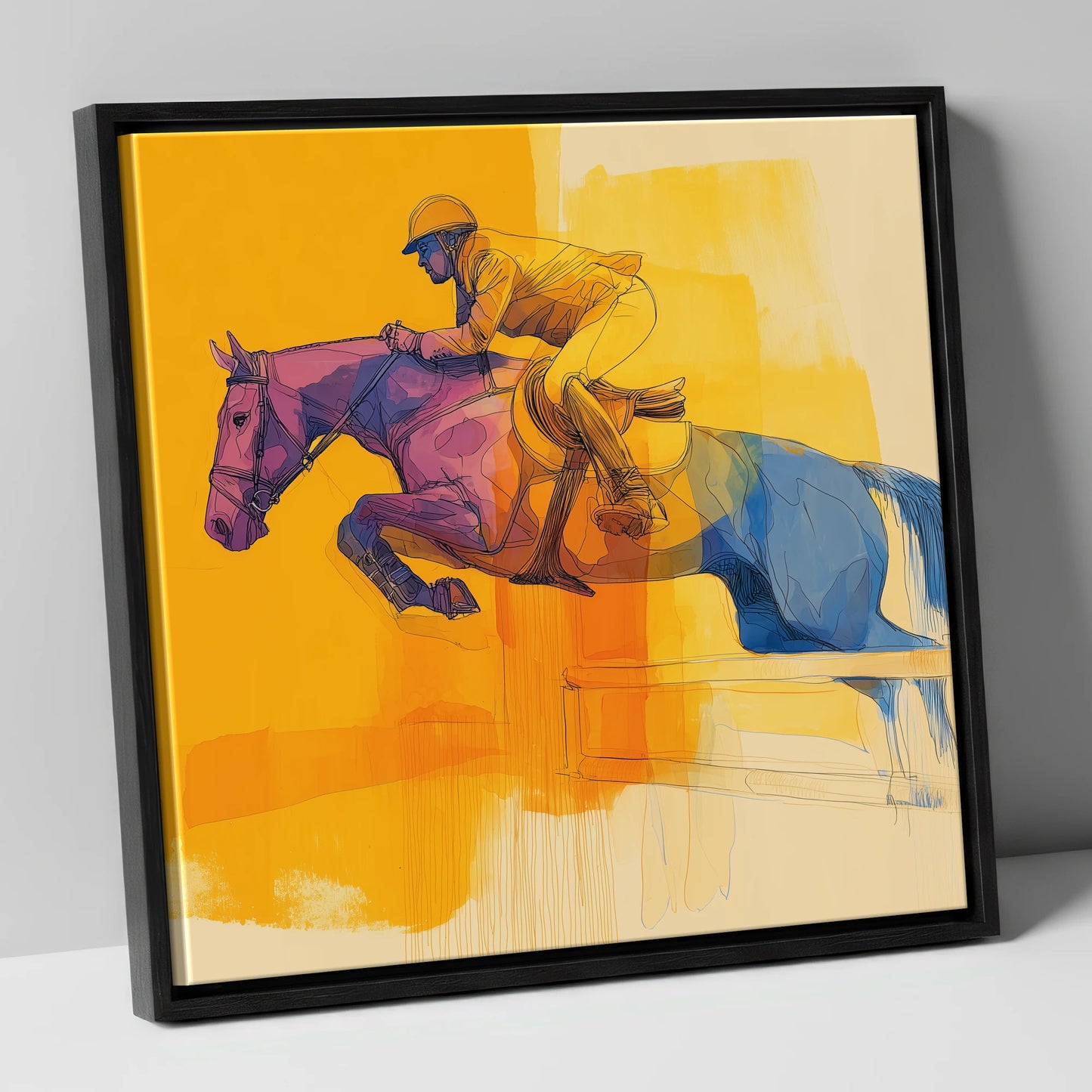The Colour of Flight show jumping horse canvas wall art in black frame