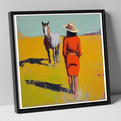 Sunlit Connection horse & rider canvas wall art in black frame