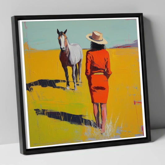 Sunlit Connection horse & rider canvas wall art in black frame