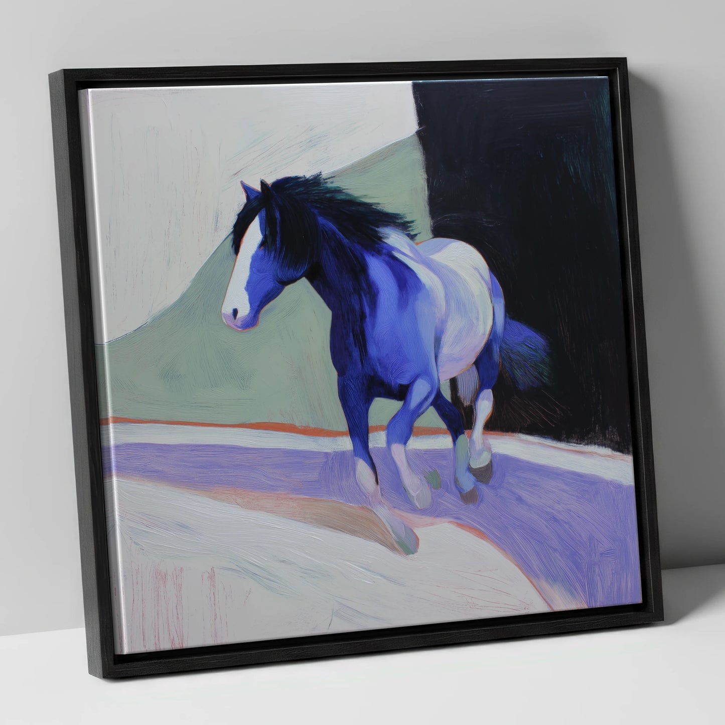The Cobalt Stride horse portrait canvas wall art in black frame