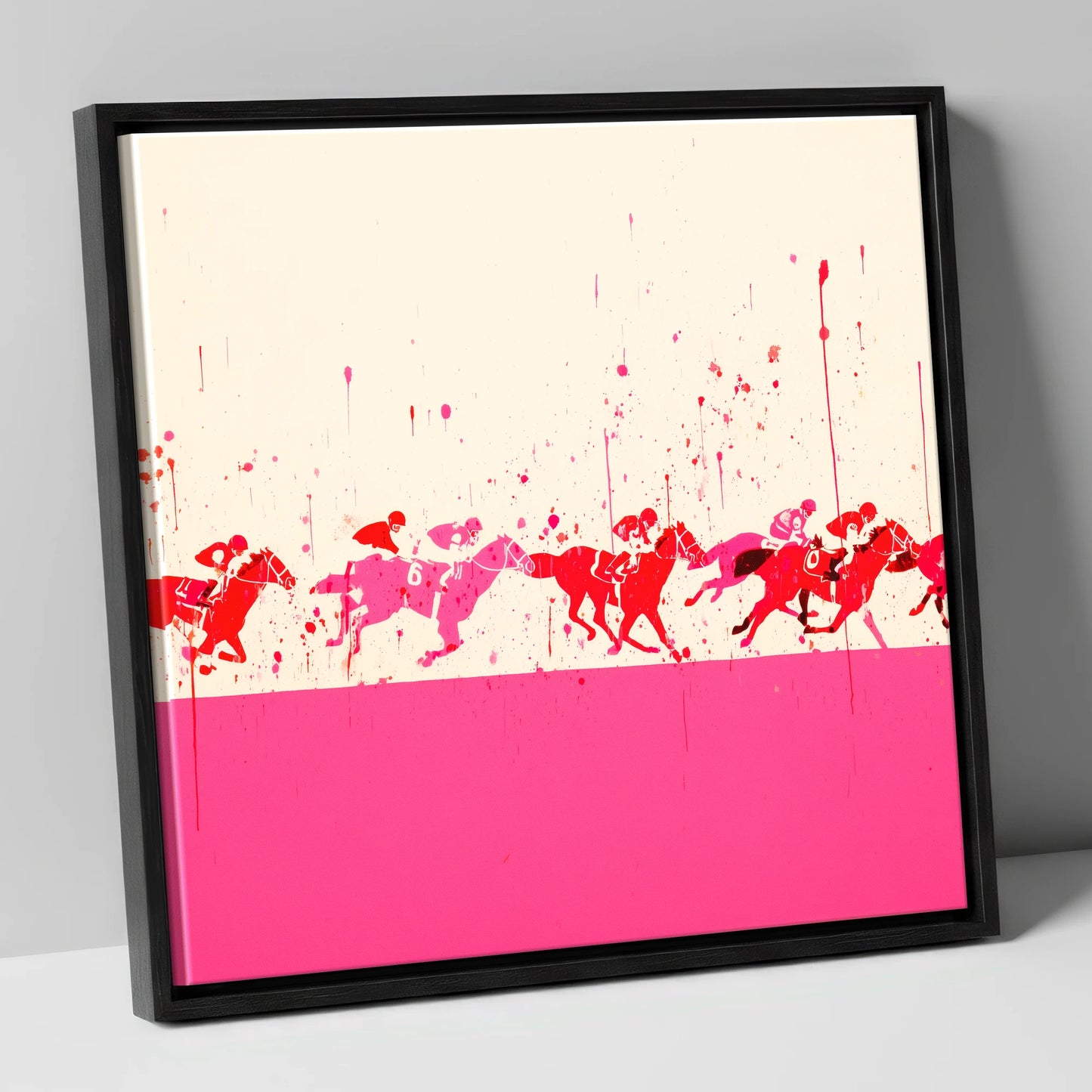 Crimson Surge racing horse canvas wall art in black frame