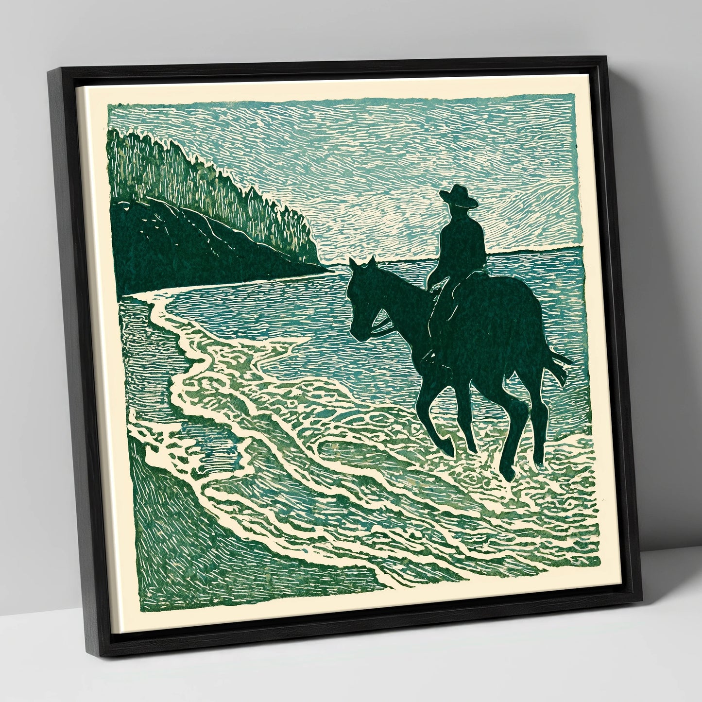 Edge of the Tide beach horse canvas wall art in black frame