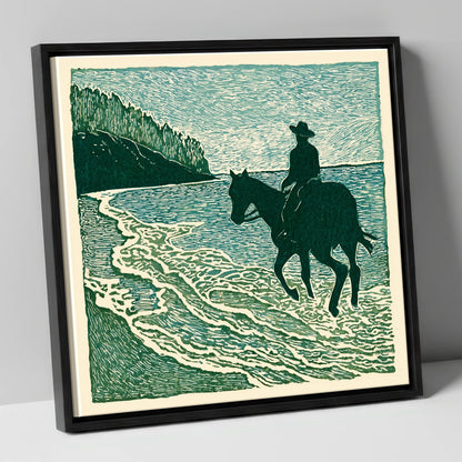 Edge of the Tide beach horse canvas wall art in black frame