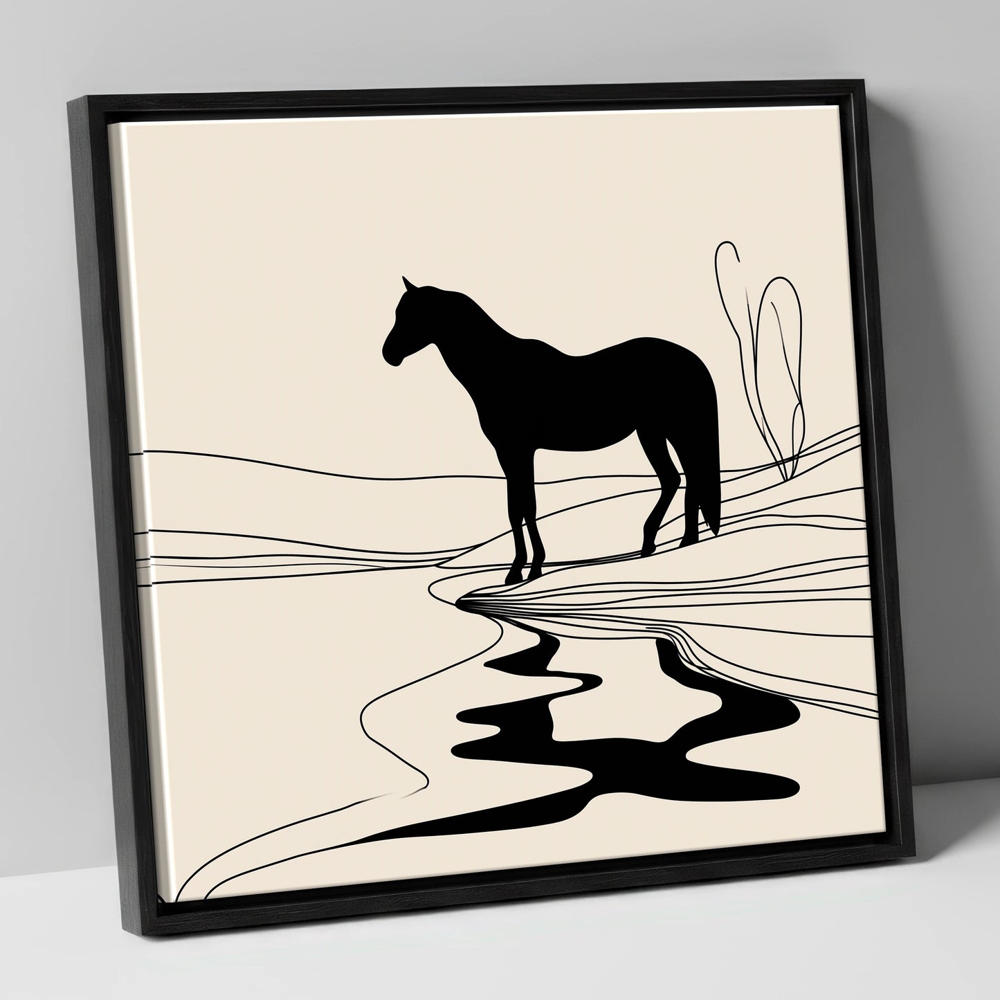 The Silent Oasis horse landscape canvas wall art in black frame