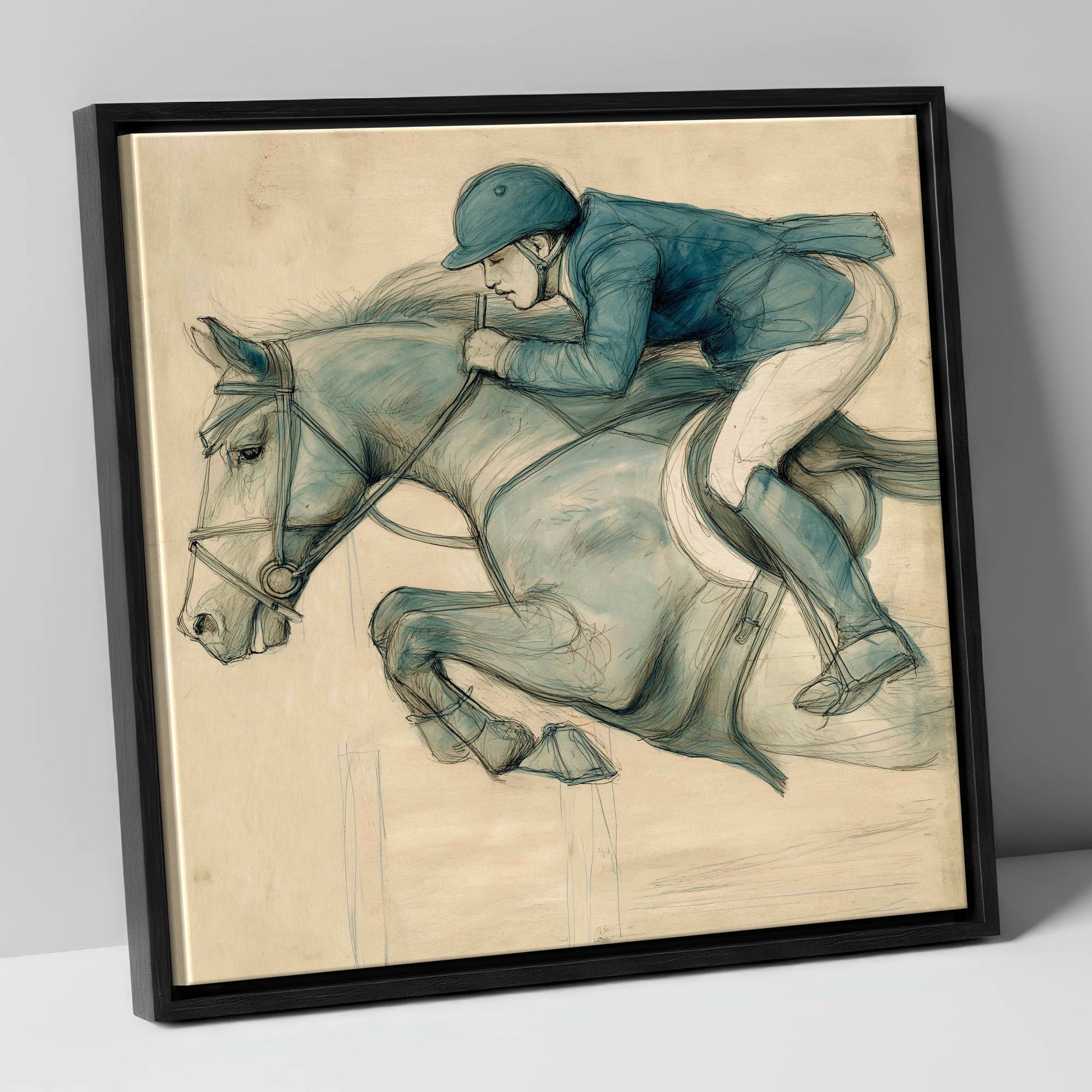 The Perfect Arc show jumping horse canvas wall art in black frame