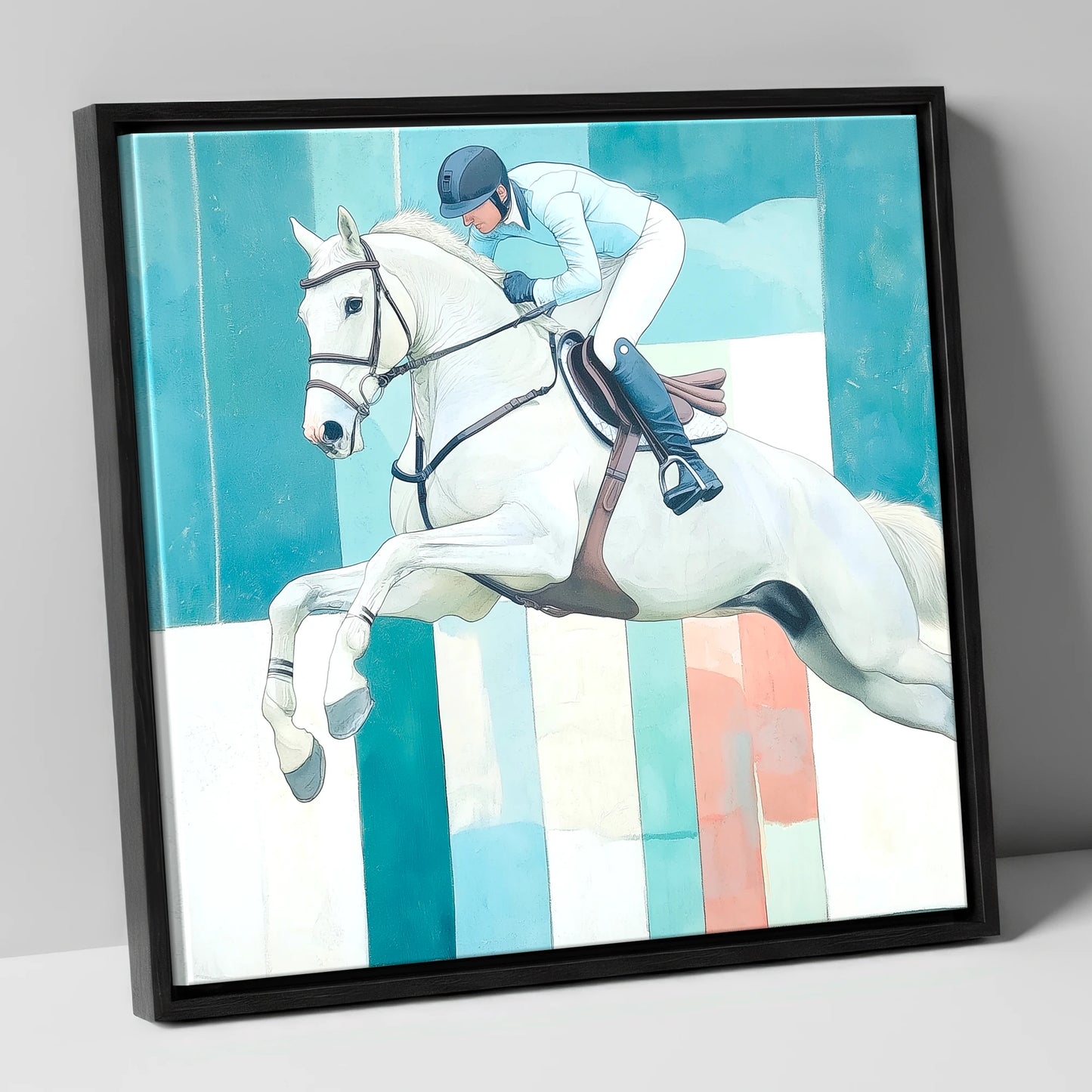 Aquamarine Ascent show jumping horse canvas wall art in black frame