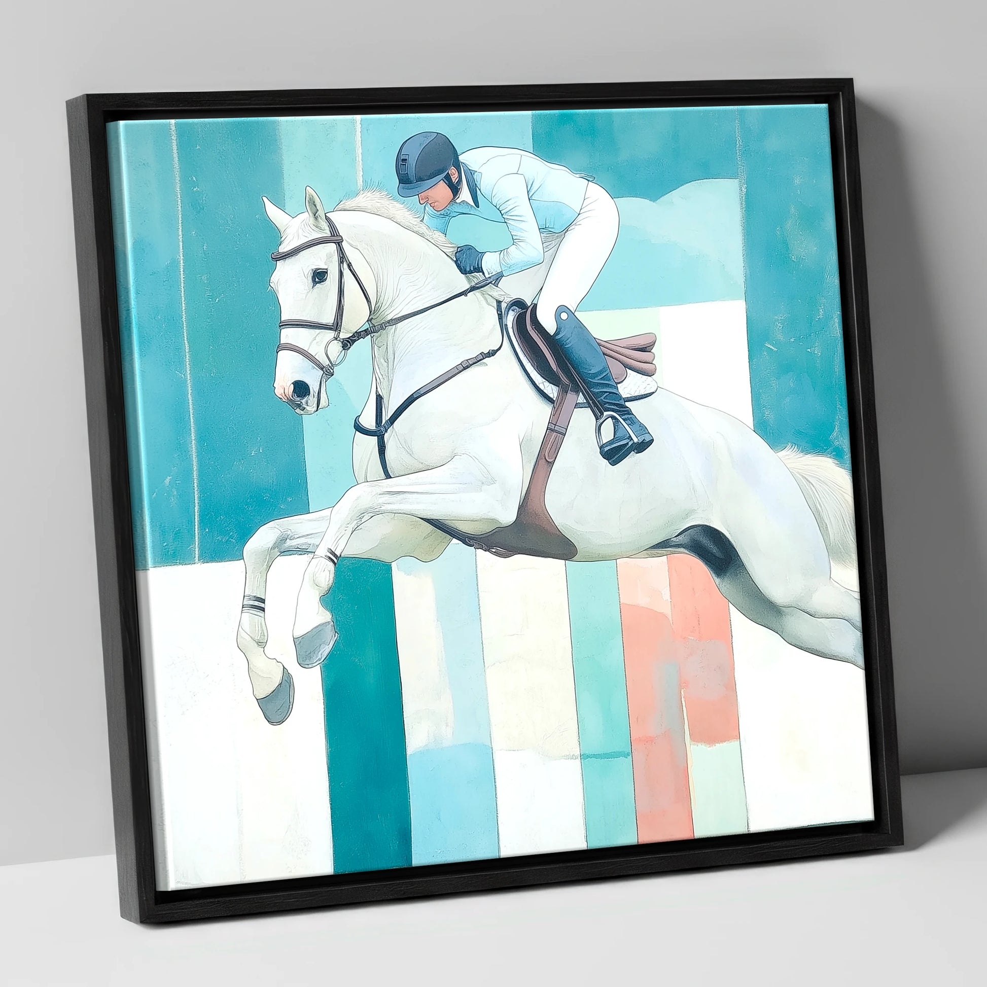 Aquamarine Ascent show jumping horse canvas wall art in black frame