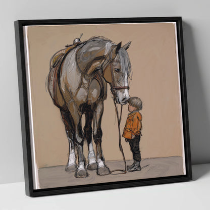 The Gentle Giant horse & rider canvas wall art in black frame