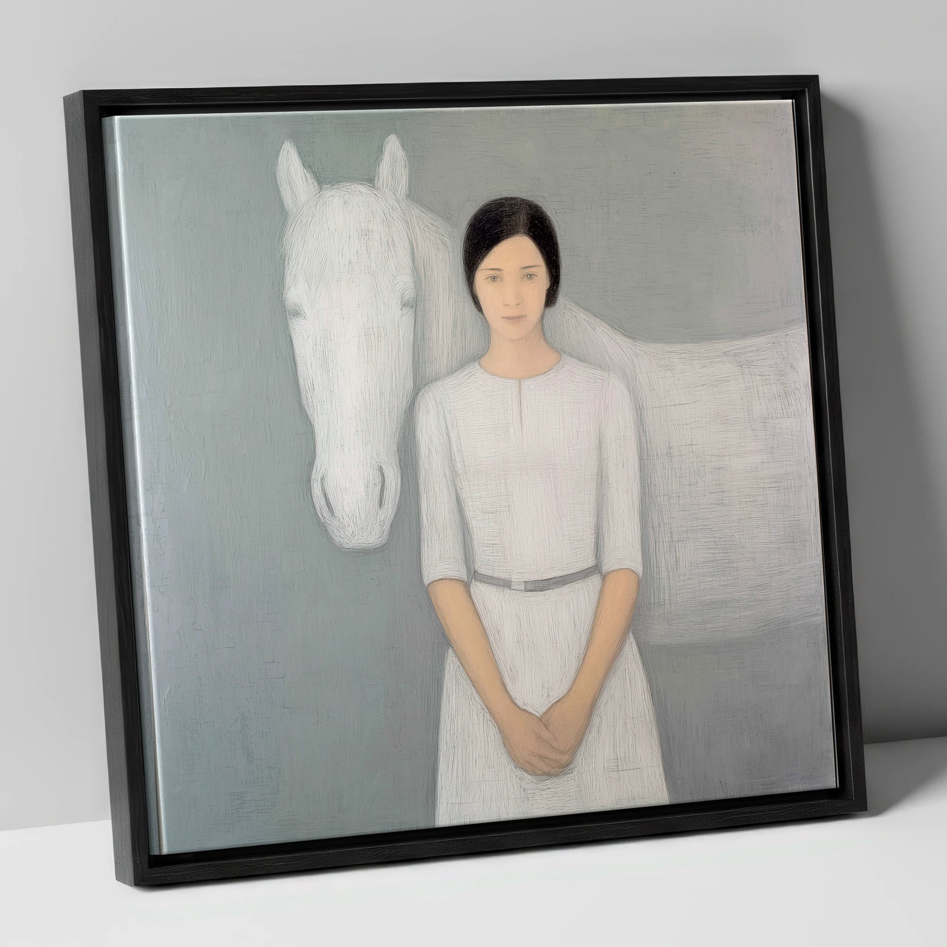 Quiet Connection horse & rider canvas wall art in black frame