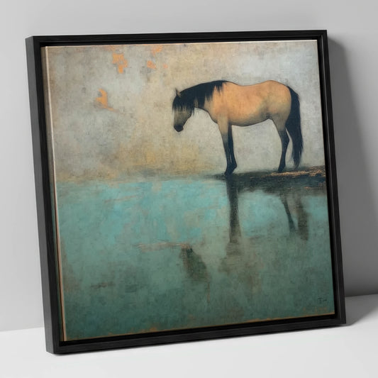 Tranquil Waters Reflection horse landscape canvas wall art in black frame